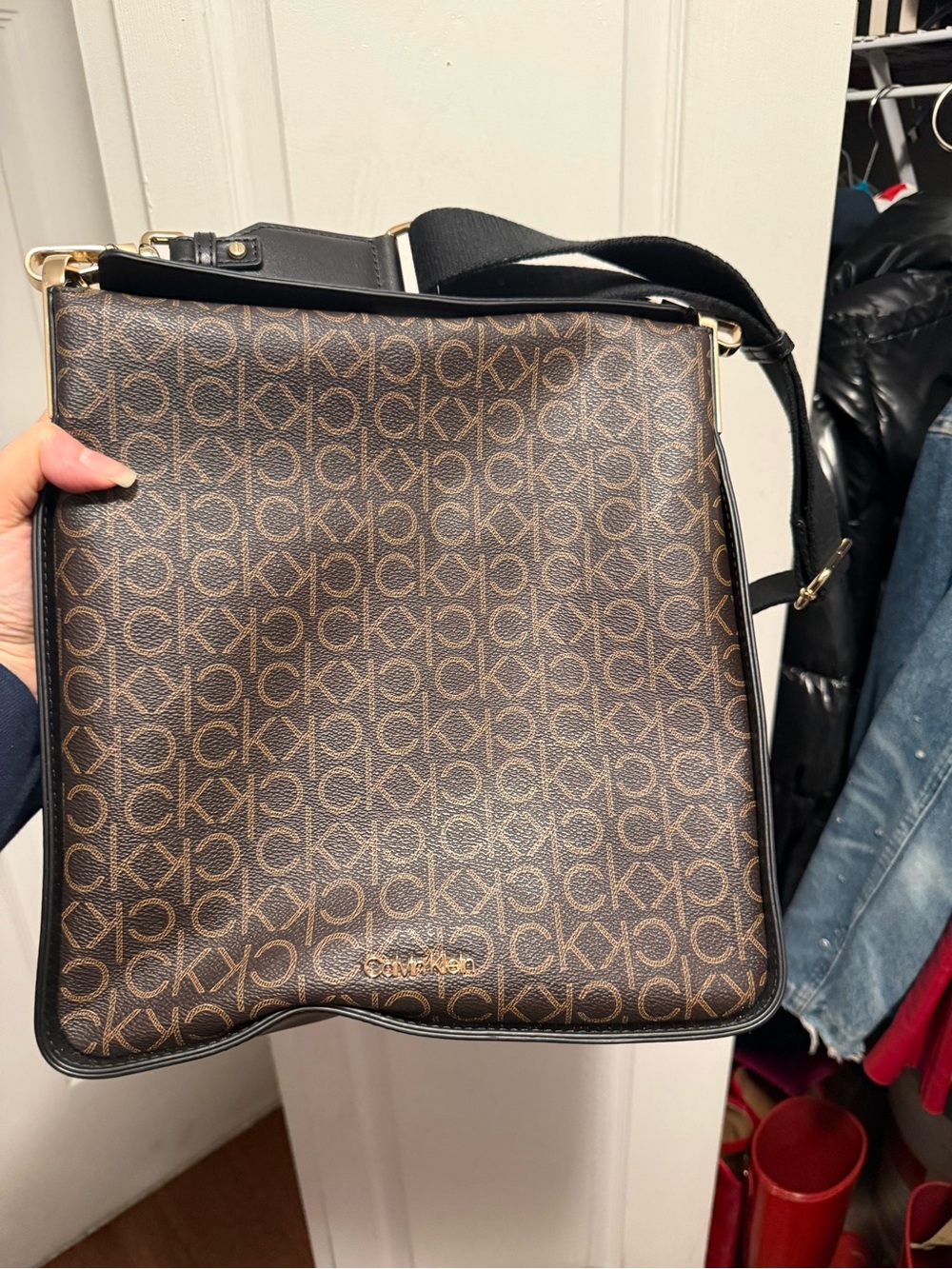 Calvin Klein Brown Monogram Crossbody with Gold Logo